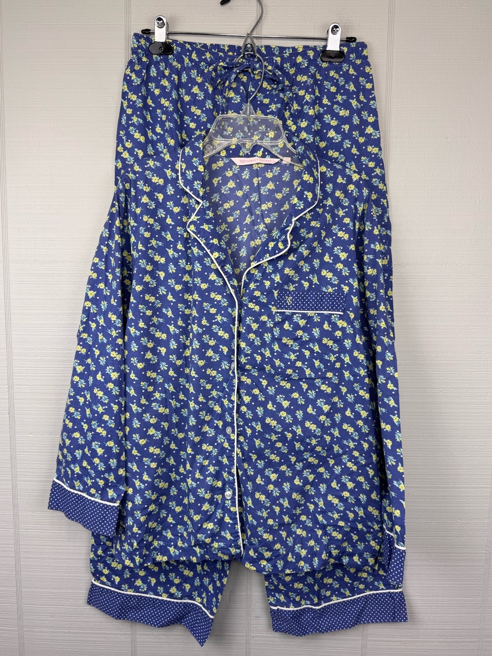 Victoria’s Secret Cotton Blue Yellow Floral Polka Dot Pajama Set Long Sleeve